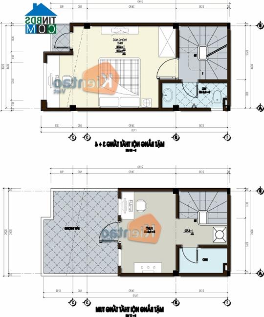 Mặt bằng tầng 3,4 và tầng tum nhà lô phố 5 tầng