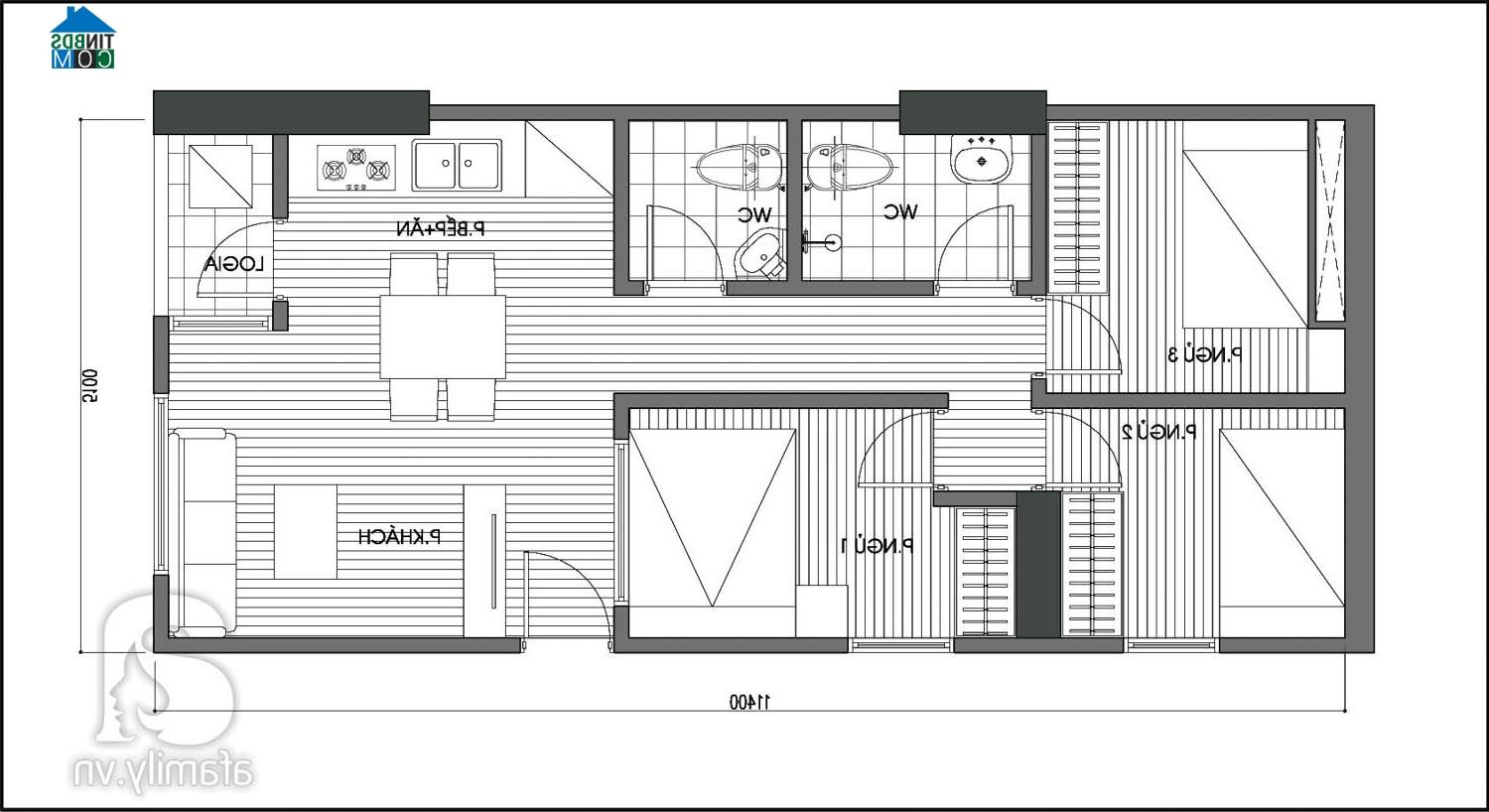 Ảnh Cải tạo căn hộ 60m2 từ 2 phòng ngủ lên 3 phòng ngủ