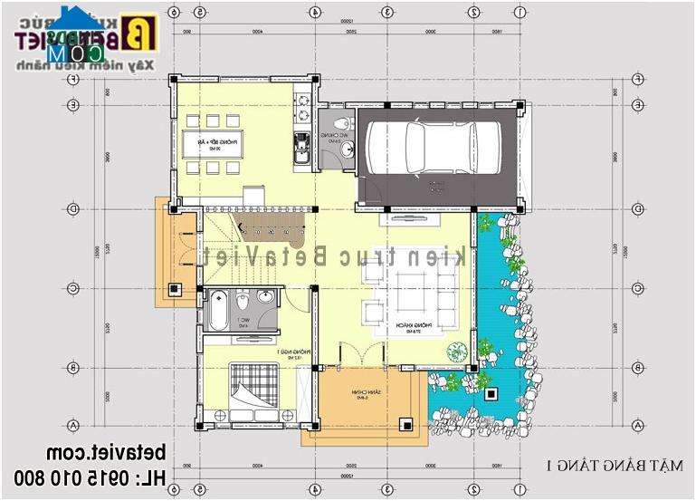 Mặt bằng tầng 1 biệt thự 2 tầng trên đất 10x20m