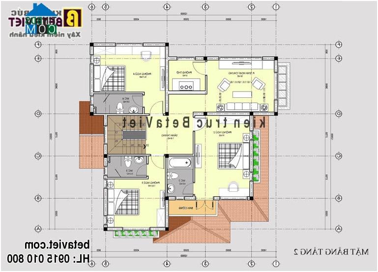 Mặt bằng tầng 2 biệt thự 2 tầng trên đất 10x20m