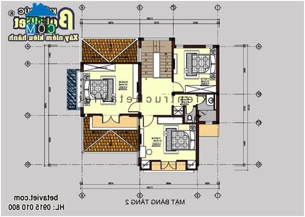 Mặt bằng tầng 2 biệt thự 2 tầng diện tích 12x13m