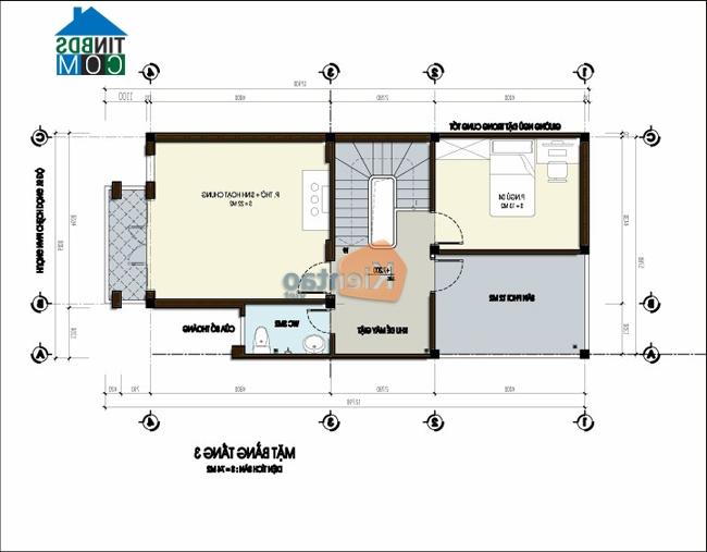 Mặt bằng tầng 3 nhà lô phố 3 tầng trên đất 75m2