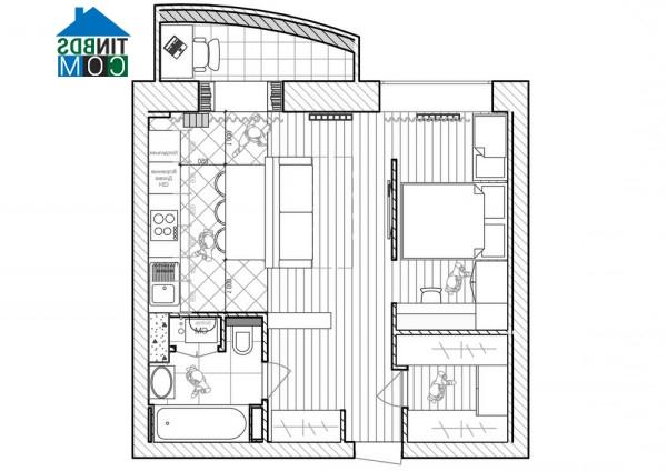 Mặt bằng thiết kế và bố trí nội thất của căn hộ 46m2