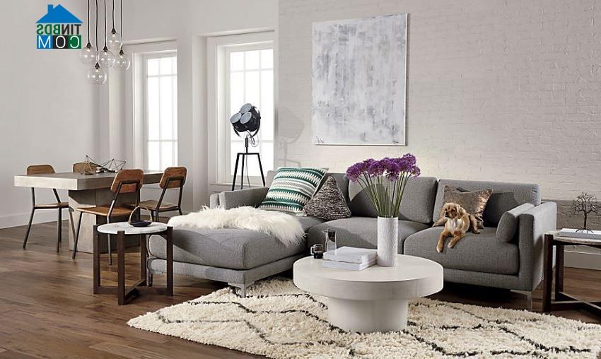 Phòng khách trẻ trung và hiện đại với sofa nhiều khối màu xám