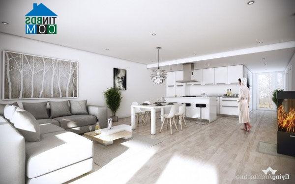 Phòng khách mở thanh lịch nhờ “cặp đôi hoàn hảo” trắng kết hợp xám