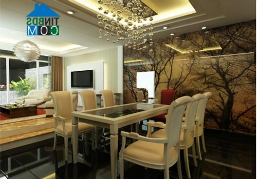 Ảnh Phòng ăn hiện đại, ấm áp vối đèn chiếu sáng