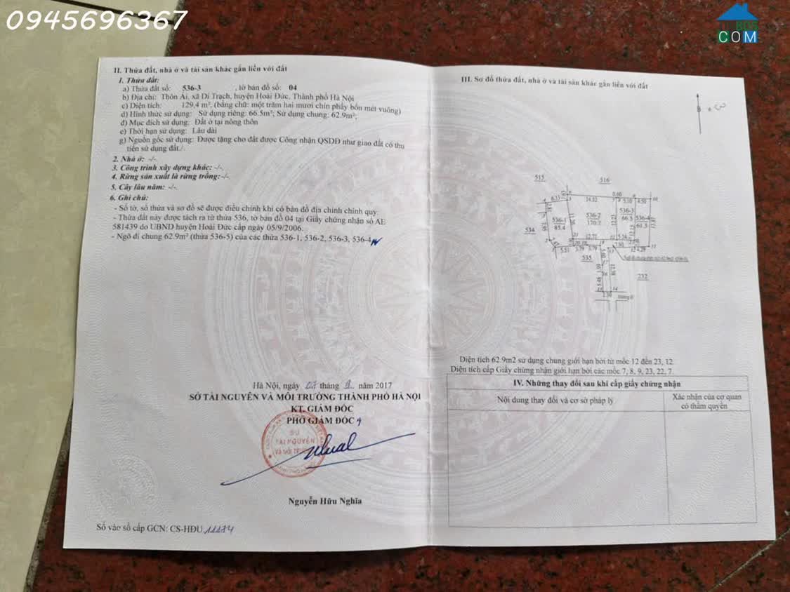 Ảnh Chính chủ cần bán lô đất siêu đẹp Di Trạch, Huyện Hoài Đức, Hà Nội, DT 66,5m2, giá đầu tư 0