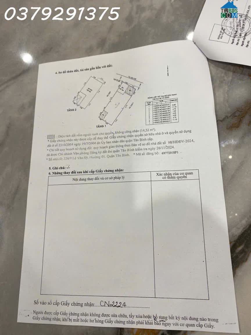 Ảnh Chính chủ bán nhà riêng 1 trệt + 1 lầu đường Lê Văn Sỹ, P. Tân Sơn Hòa, DT 80.2 m2, giá 23 tỷ có TL 0