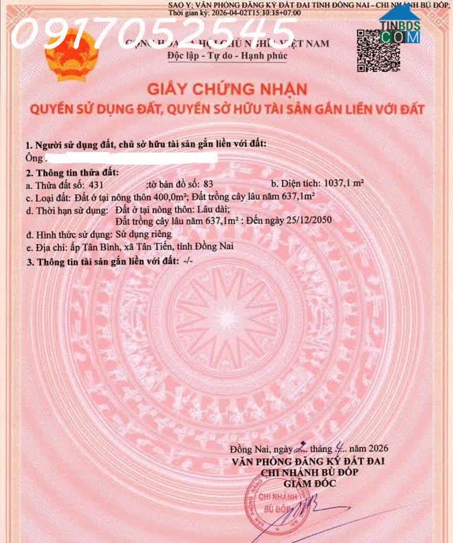 Ảnh Chính chủ cần bán đất xã Tân Tiến, Bù Đốp, DT 1.037m2, thổ cư sẵn 400m2, giá đầu tư 0