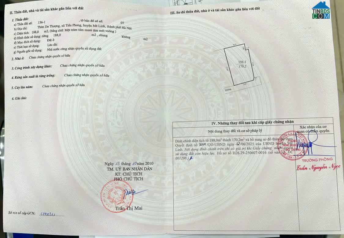 Ảnh Chào bán 170m đất thổ cư, sẵn sổ đỏ thôn do thượng- tiền phong- mê linh- hn 0