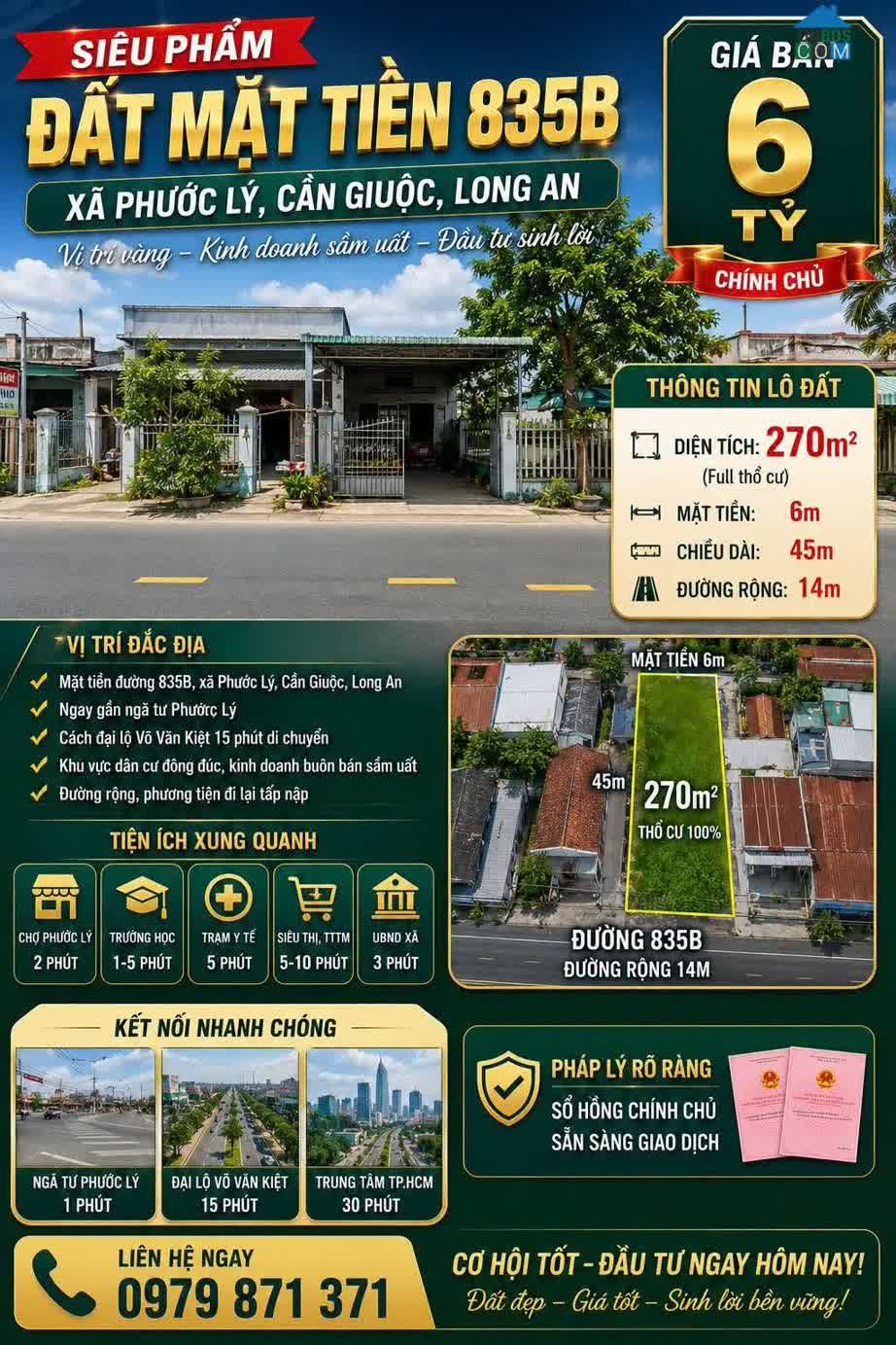 Ảnh Siêu phẩm đất mặt tiền 835B, xã Phước Lý, Cần Giuộc, Long An, DT 270m2, giá đầu tư 0