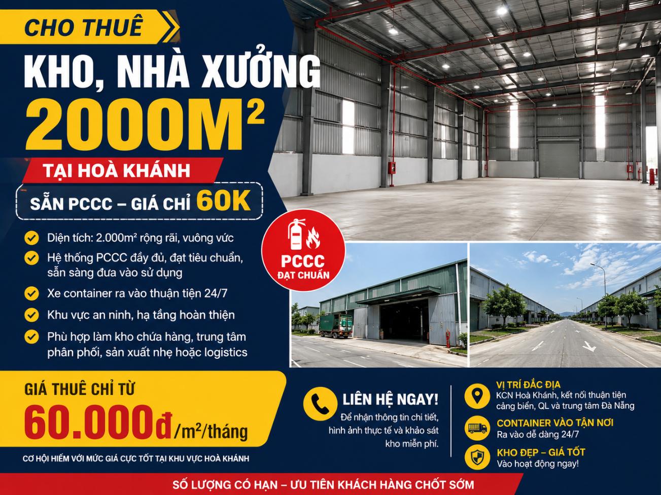 Ảnh Cho Thuê Kho, Nhà Xưởng 2.000m² Tại Hoà Khánh – Sẵn PCCC – Giá Chỉ 60.000đ/m² 0