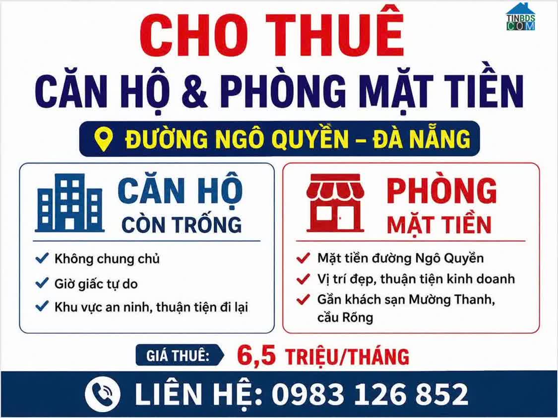 Ảnh Chính chủ cho thuê căn hộ và mặt bằng kinh doanh mặt tiền Đ.Ngô Quyền, TP.Đà Nẵng; 0983126852 0