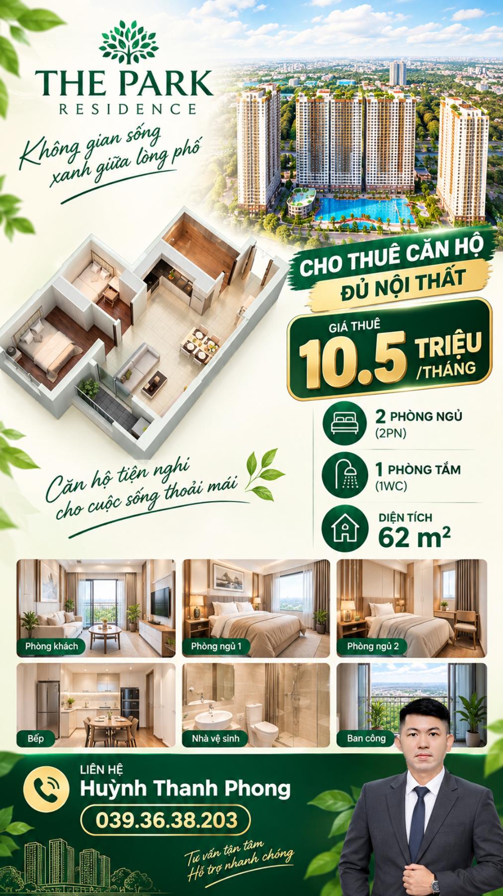 Ảnh Cho thuê 2PN1WC 62m2 - 10.5 triệu/tháng - The Park Residence 0