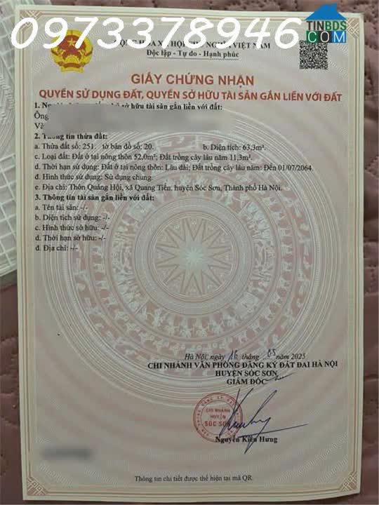 Ảnh Chính chủ cần bán lô đất siêu đẹp tại xã Quang Tiến, Sóc Sơn, DT 63.3m2, giá đầu tư 0