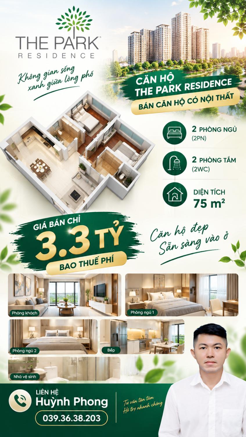 Ảnh 61m2 - Giá 2.75 tỷ bao thuế phí - 2PN1WC The Park Residence 0