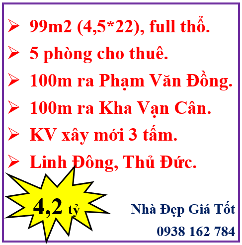 Ảnh Bán nhà 2 lầu- 5 phòng ngủ- DT 99m2- Xe hơi ngủ trong nhà- Linh Đông- Chỉ 4.2 tỷ 0